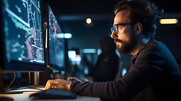 focused developer coder wears glasses working on computer looking at programming cod generative ai