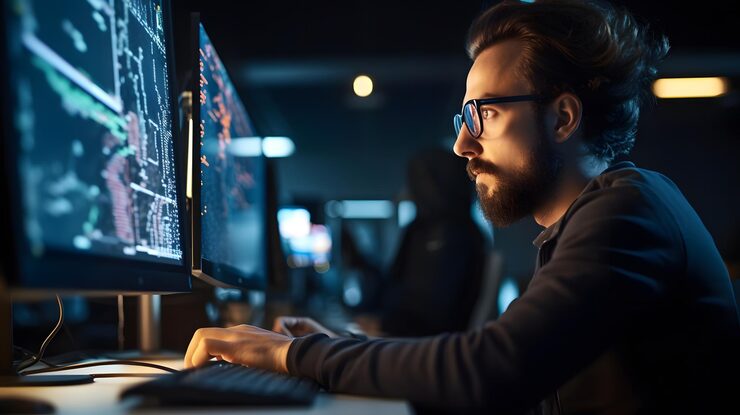 Photo focused developer coder wears glasses working on computer looking at programming cod generative ai