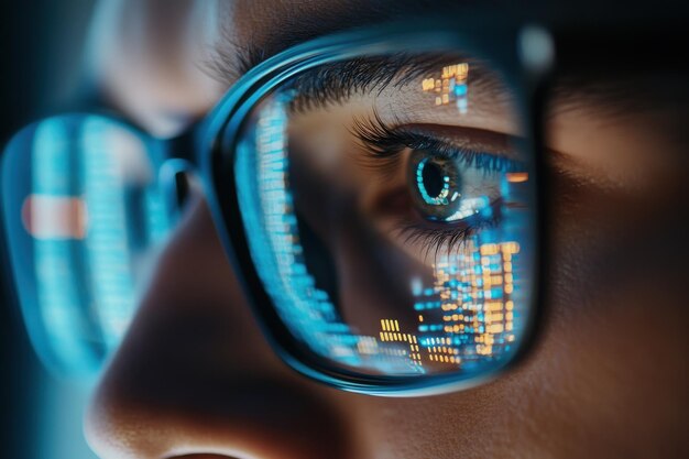 专注的开发者编码员戴着眼镜在电脑上工作,查看编程代码数据