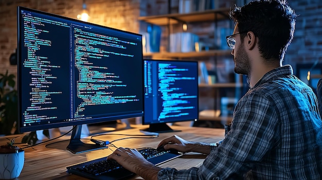 a focused developer coding at night with dual monitors displaying colorful programming scripts in a modern workspace