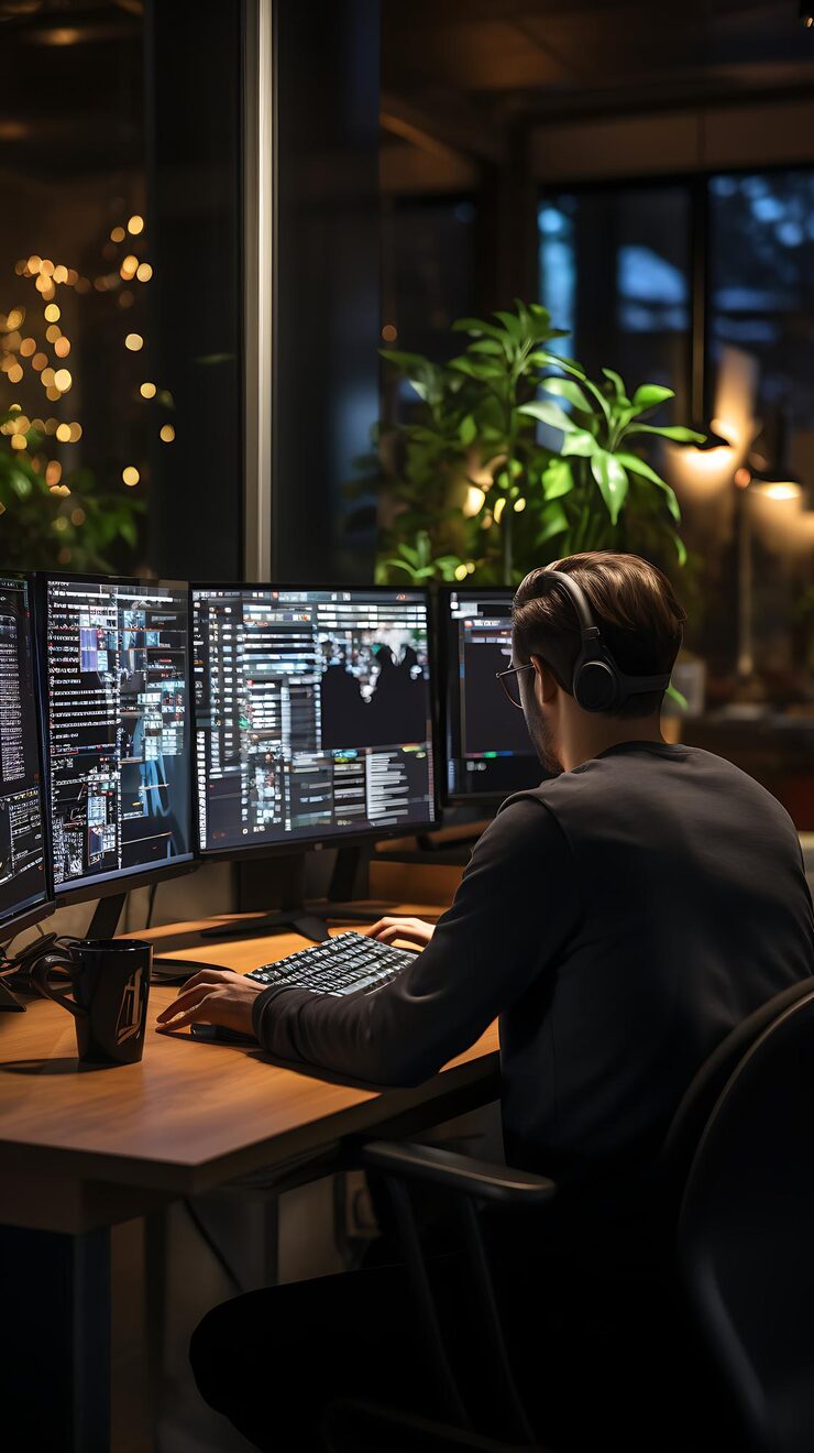 Focused Developer Debugging Code on Computer in a Clean Tech Office with Programming IDE Visible