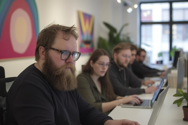 Photo focused diverse group of professionals working together in a creative office space