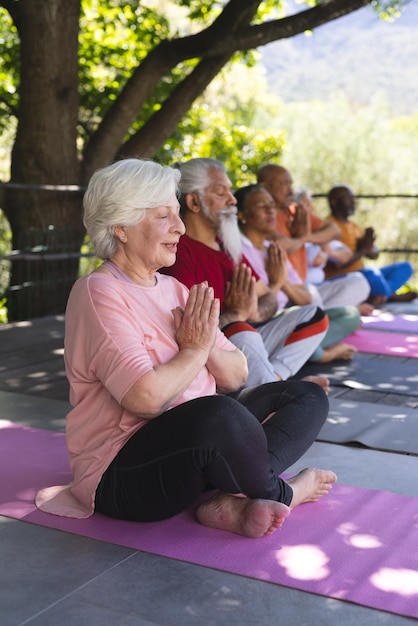 Photo focused diverse group of senior friends practising yoga in sunny garden copy space