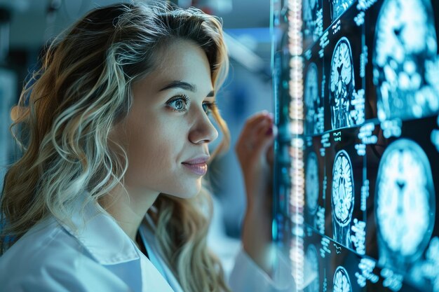 Focused Doctor Analyzing Brain MRI Scans