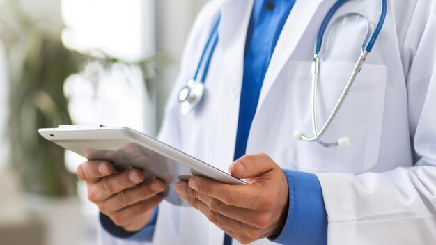 A focused doctor reviews patient information on a tablet in a modern clinic office