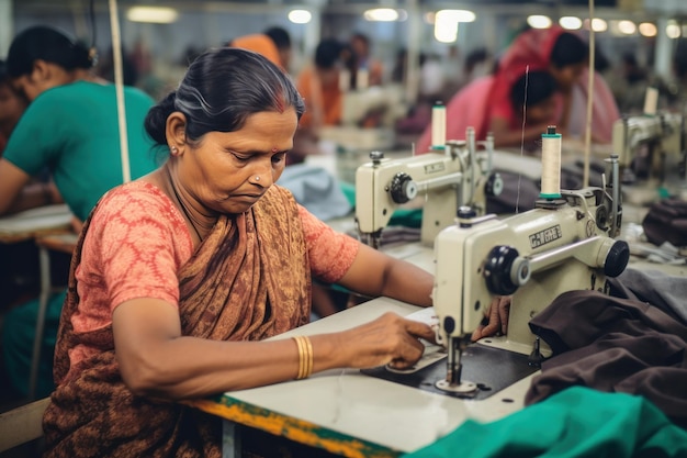 Focused elderly woman tailor with experience sews things from natural fabric using sewing machine