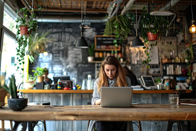 Photo focused employee working on a laptop in a cafe