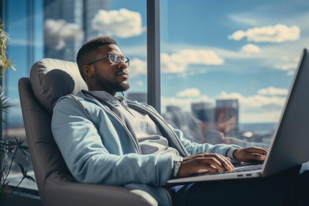 A focused entrepreneur sits at cafe while working on laptop