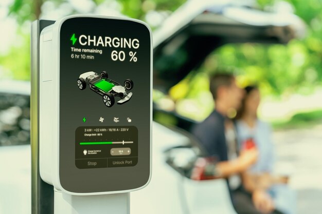 Photo focused ev charging station monitor display battery status for exalt