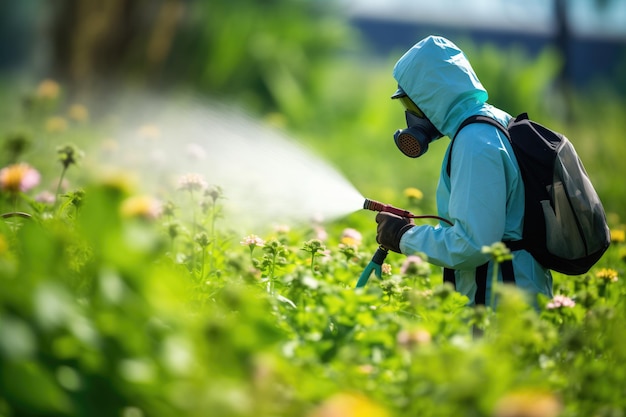 Photo a focused farmer sprays weedicide on garden weeds