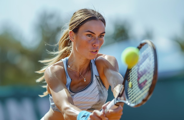 밝은 날 에 도전적 인 테니스 경기 를 하는 동안 집중적 인 여자 운동 선수