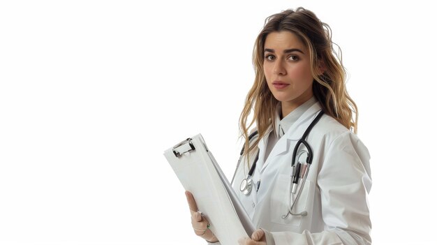 Focused Female Doctor in Emergency Situation on isolated white background