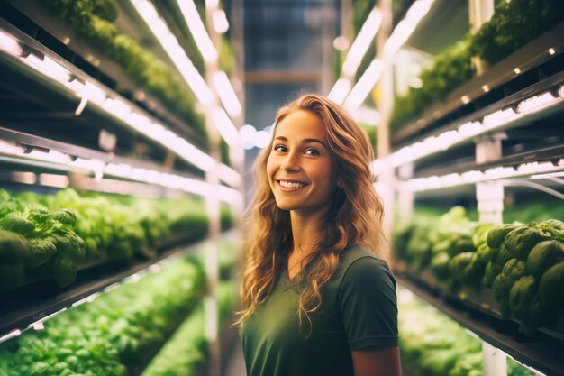 Focused female farm owner inspecting plants at an indoor vertical farm with hydroponic system