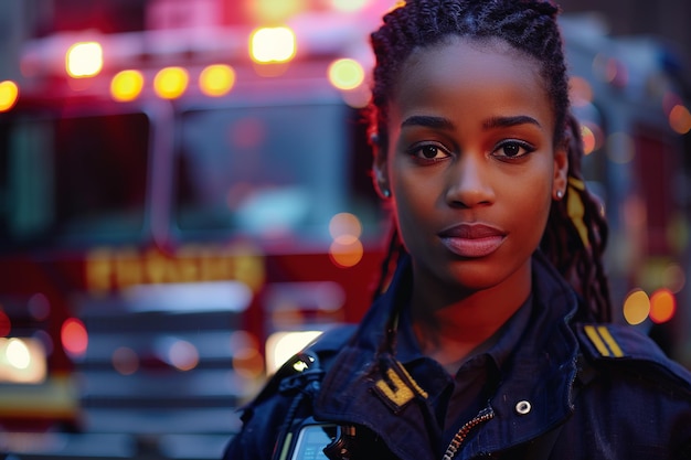 A focused female firefighter with a fire truck in the background at dusk