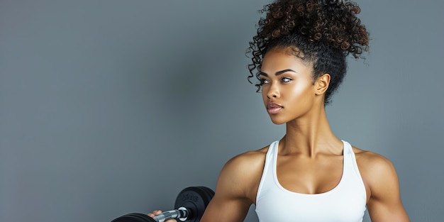 Focused female lifting dumbbell white top