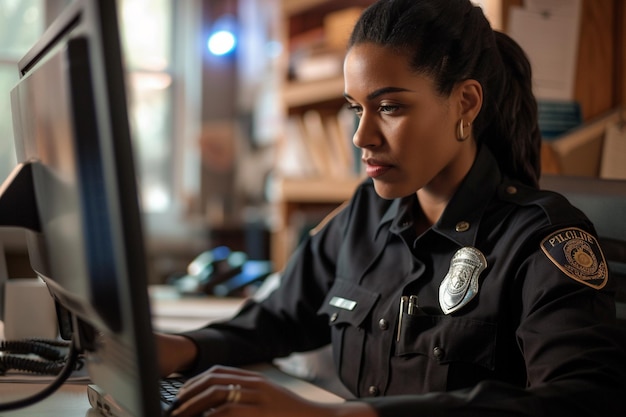 写真 人工知能で作られたコンピューターで働く 集中した女性警察官