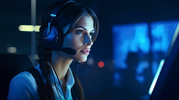 Focused female professional wearing headset working at computer