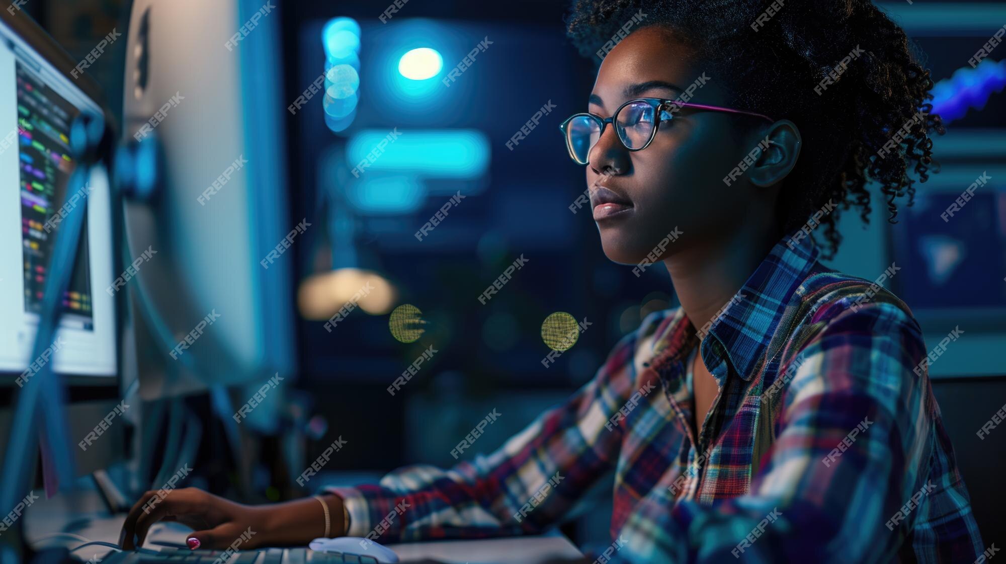 Premium Photo | Focused female programmer working in a dark office ...