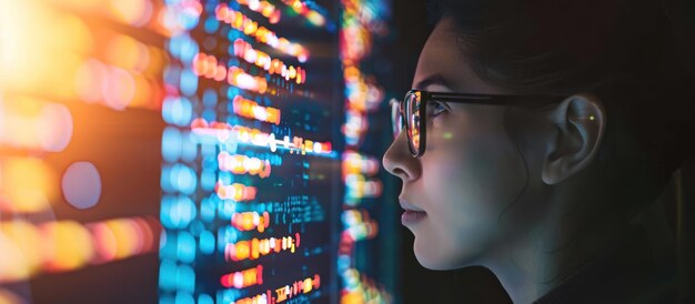 focused female programmer working late reviewing code on a computer screen concept of software development programming coding and technology