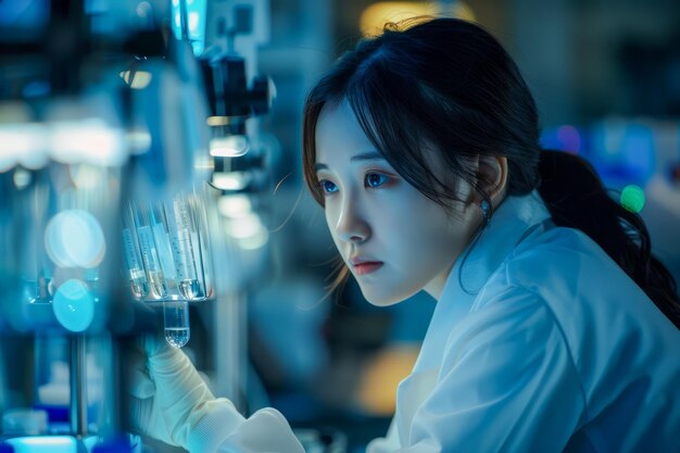 사진 푸른 조명 아래 현대적인 실험실에서 연구를 수행하는 집중된 여성 과학자