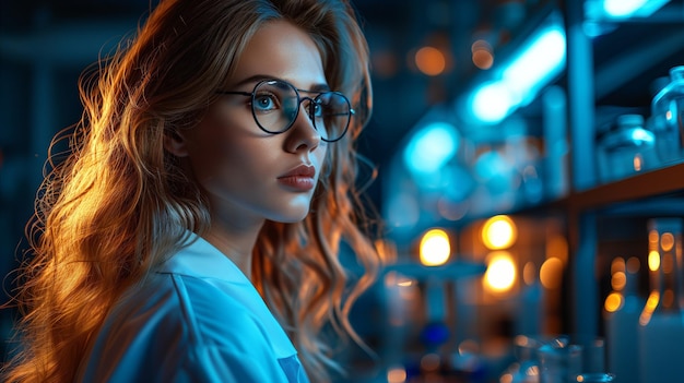 Focused female scientist working late in a hightech laboratory