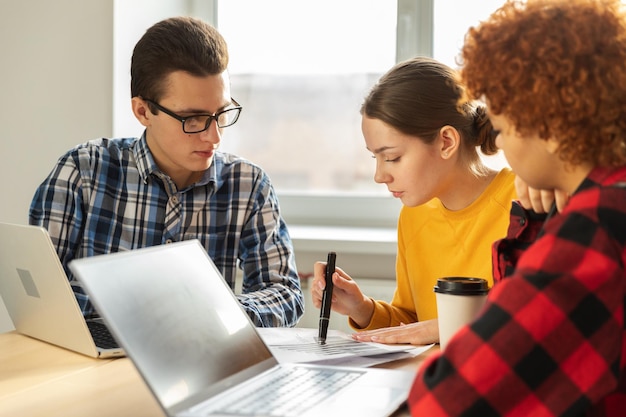 Photo focused female team leader discuss financial statistics brainstorming business meeting with partners