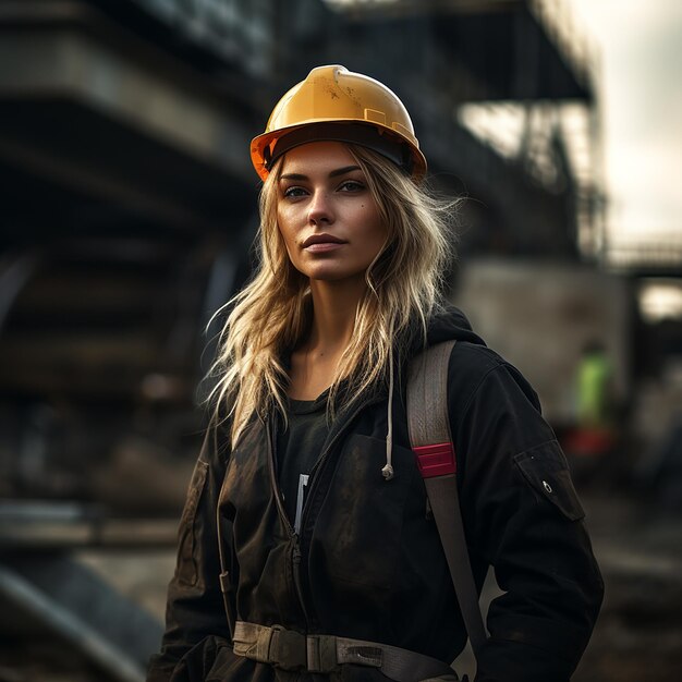 Photo focused female worker in industrial setting