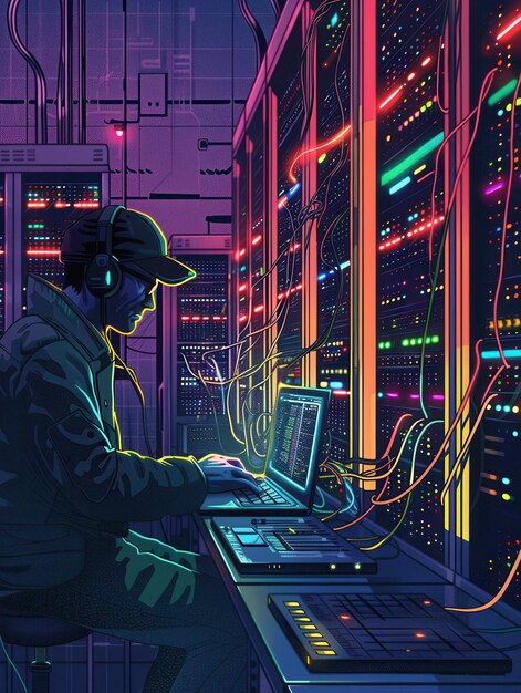 एक केंद्रित हैकर एक जीवंत डेटा सेंटर में एक लैपटॉप चलाता है, जो प्रकाशित सर्वर रैक और रंगीन केबलों से घिरा हुआ है, जो एक देर रात कोडिंग सत्र पर जोर देता है जेनेरेटिव एआई