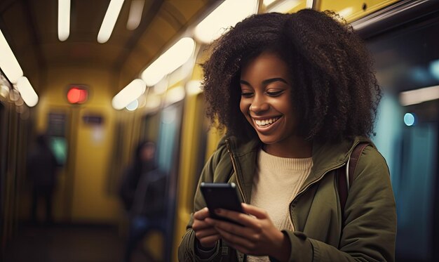 Focused on her phone a woman stands out in a busy subway scene AI generative