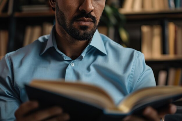 Foto un uomo d'affari ispanico che legge un libro in ufficio.