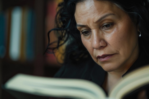 Photo focused hispanic business woman reading a book in office closeup