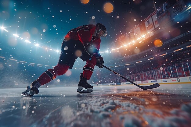 Photo focused hockey player in red gearing up for the play arena lights gleaming