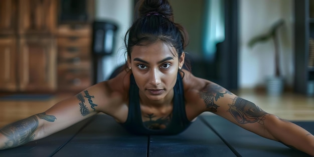 Focused Indian woman doing a plank workout at home showcasing strength and determination in a fitness routine Concept Fitness Strength Determination Indian Culture Home Workout