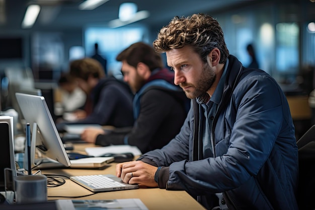 focused individual within a collaborative group project surrounded by a bustling office environment with computers and papers the person engrossed in their work emphasizing concentration and teamwork