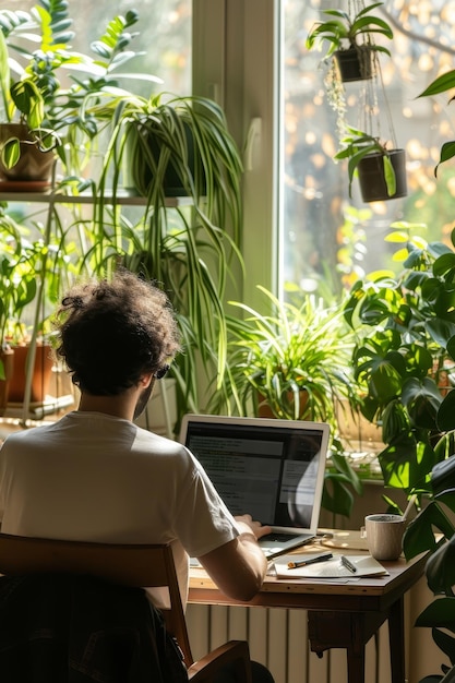 A focused individual works in a sunlit home office surrounded by an abundance of lush houseplants creating a vibrant work environment