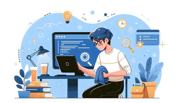 Focused IT Professional Troubleshooting Complex Software Issue in Simple Flat Vector Illustration