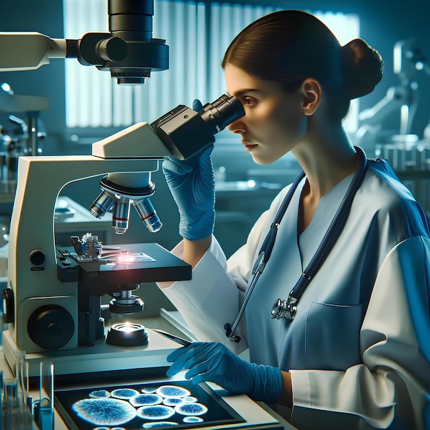 微鏡の下で細胞サンプルを検査する集中した実験室技術者