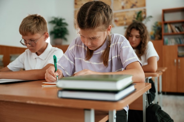 Focused on the lesson Pupils kids in the classroom together