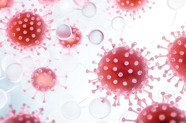 흰색 배경에 격리된 바이러스에 감염된 세포의 집중된 매크로 이미지
