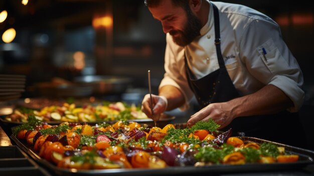 Focused male chef carefully sprinkles herbs over roasted vegetables