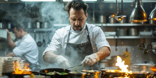 Photo focused male chef cooking in a busy restaurant kitchen