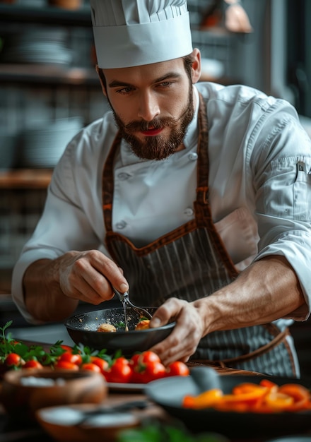 Foto cuoco maschio concentrato che cucina in una cucina di un ristorante