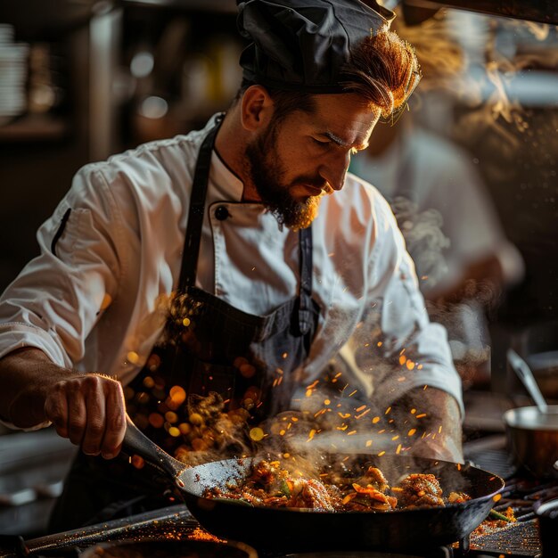 Focused male chef tossing food in a pan