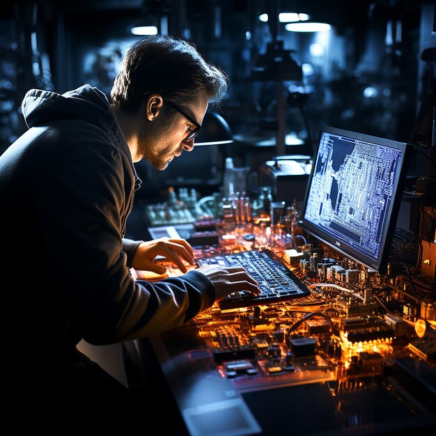 산업에서 컴퓨터를 작동하는 집중된 남성 공장 노동자 Ai generative