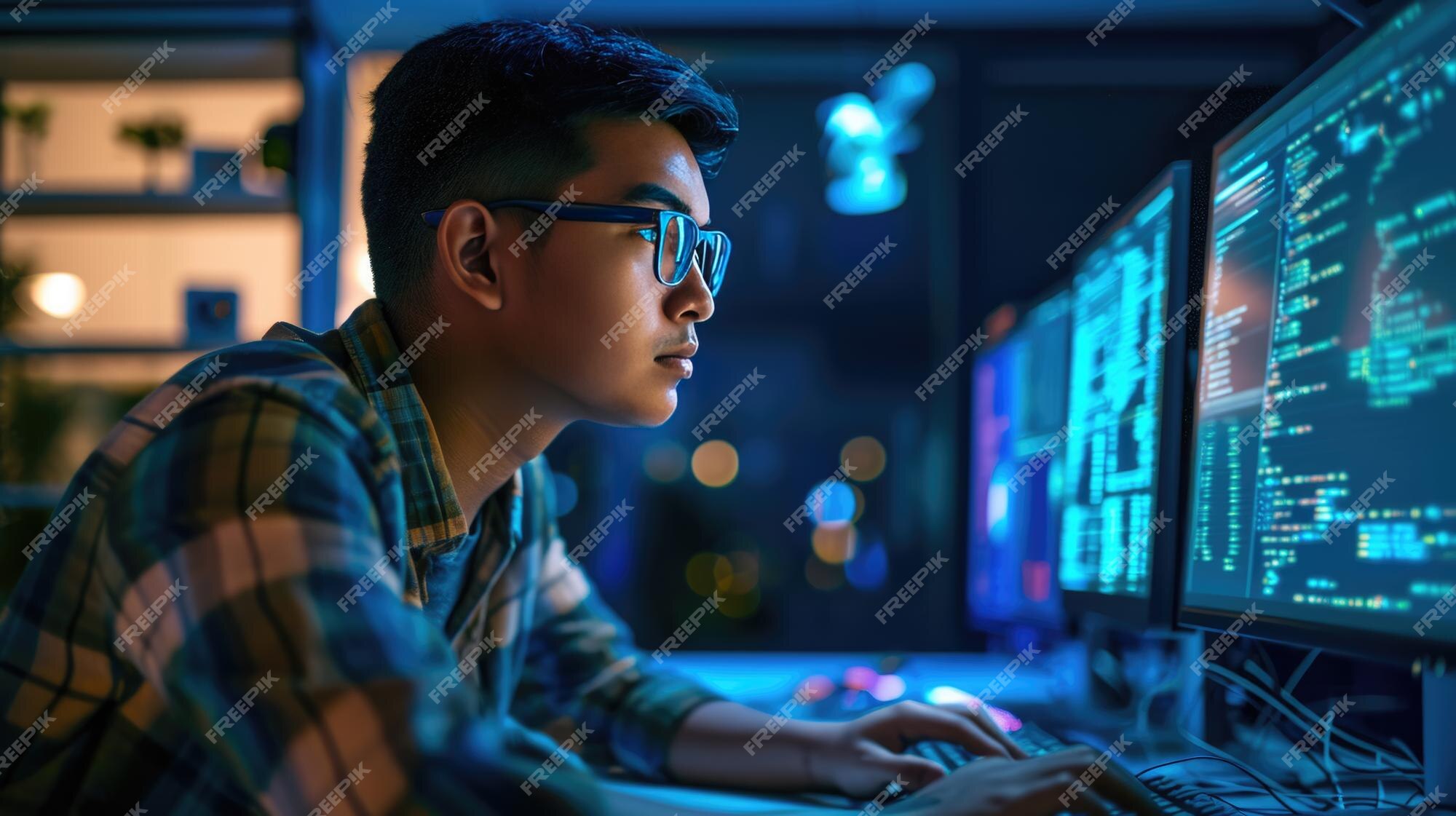 Premium Photo | Focused male programmer working in a dark office ...