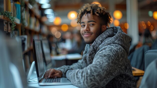 Photo focused male student studying on laptop in library