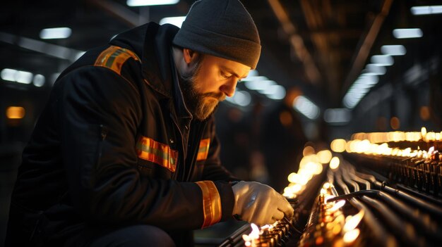 Foto lavoratore concentrato che ispeziona tubi d'acciaio in un ambiente industriale luminoso