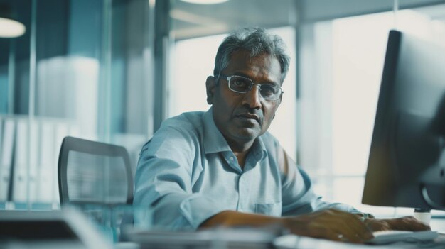 Photo focused man at computer in bluetoned office concentration in the digital age