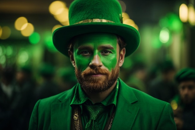 Focused man in jacket with clover and hat touching tie isolated on green