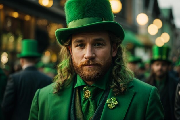 Focused man in jacket with clover and hat touching tie isolated on green